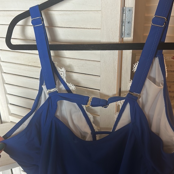 NWT DACI One Piece Swimsuit Blue With White Lace Plunge - Picture 4 of 8